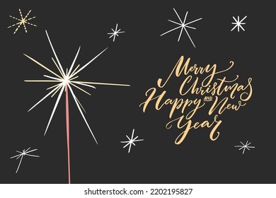 Merry Christmas and Happy new year greeting card, shiny sparkler and stars on dark background. Horizontal vector template with hand written calligraphy text