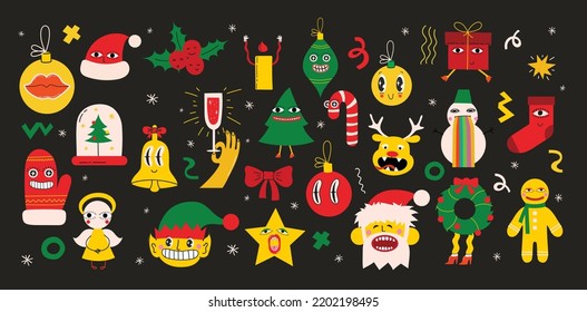 Merry Christmas and Happy New Year 2023. Vector trendy abstract illustrations of holiday card with santa claus, deer, crazy geometric shapes, christmas tree and wreath for poster.