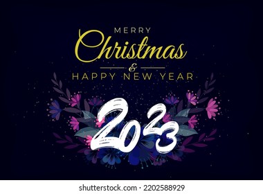 Merry Christmas and Happy New Year 2023, dark blue background,  seasonal invitations, greetings cards or Christmas.