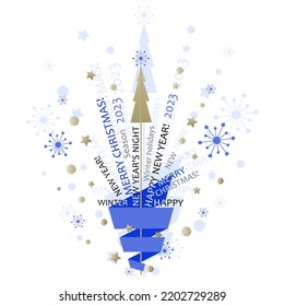 MERRY CHRISTMAS. HAPPY NEW YEAR. Season. WINTER. Flat vector ribbon with word cloud, snowflakes, holiday tinsel. Collage for congratulatory illustration. Poster design elements. Vector illustration