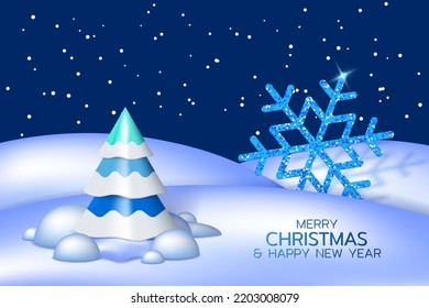 Merry Christmas and Happy New Year composition. Realistic Christmas tree and blue snowflake. Festive design with realistic 3D objects