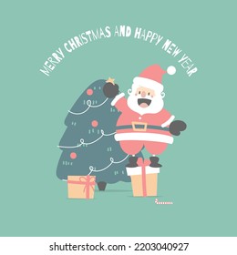 merry christmas and happy new year with cute santa claus and snowman in the winter season, flat vector illustration cartoon character costume design