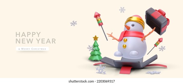 Merry Christmas and Happy New Year background. Realistic 3d objects snowman, tree, open gift box and snow. Holiday Greeting card, banner, web poster. Vector illustration