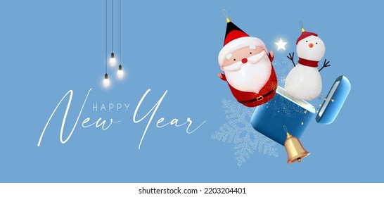 Merry Christmas and Happy New Year celebration with 3D Santa Claus character, golden bell and gift box.