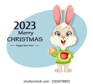 Merry Christmas and Happy New Year greeting card. Cute Rabbit cartoon character. Funny bunny with tasty cookie