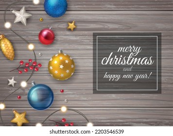 Merry christmas happy new year background with colorful balls and other fir tree decorations on wooden table realistic vector illustration