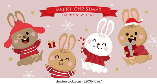 Merry Christmas and happy new year 2023 greeting card with rabbit and bunny in winter costumes. Holiday cartoon character. -Vector