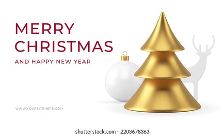 Merry Christmas and Happy New Year web banner template greeting winter holiday design realistic 3d icon vector illustration. Xmas congrats poster golden metallic spruce ball toy and deer bauble