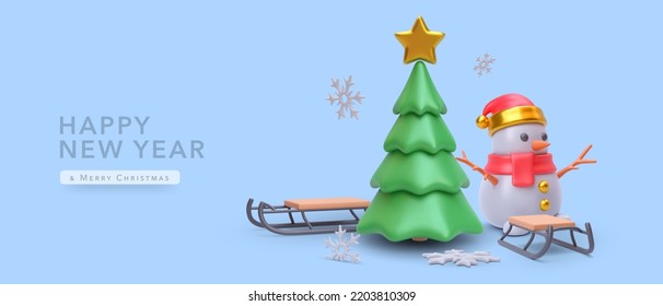 Merry Christmas and Happy New Year background. Realistic 3d objects snowman, tree, sled and snow. Holiday Greeting card, banner, web poster. Vector illustration