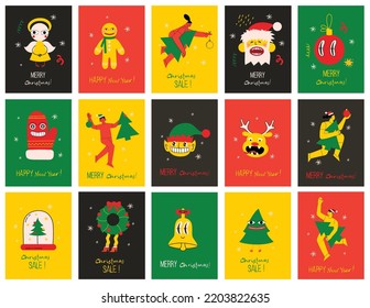 Merry Christmas and Happy New Year 2023. Vector trendy abstract illustrations of holiday card with santa claus, deer, crazy geometric shapes, christmas tree and wreath for poster.