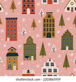 Merry Christmas and Happy New Year seamless pattern with various tiny houses. Modern hand draw illustrations. Colorful contemporary art