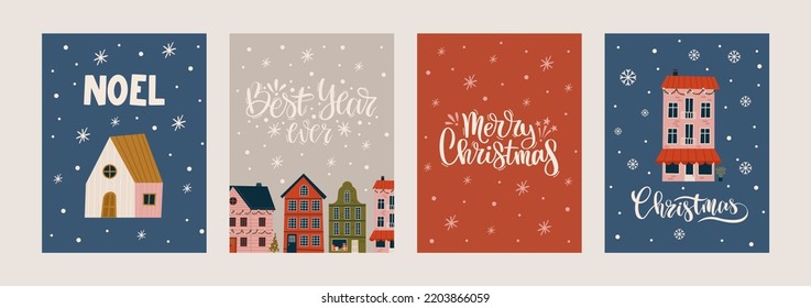 Merry Christmas and Happy New Year Set of greeting cards, posters with various tiny houses. Xmas Design with lettering, tree, town, snowflakes in modern art style.Hand drawn trendy illustration