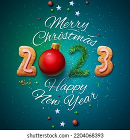 Merry Christmas and Happy New Year 2023 greeting card, vector illustration