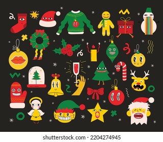 Merry Christmas and Happy New Year 2023. Vector trendy abstract illustrations of holiday card with santa claus, deer, crazy geometric shapes, christmas tree and wreath for poster.