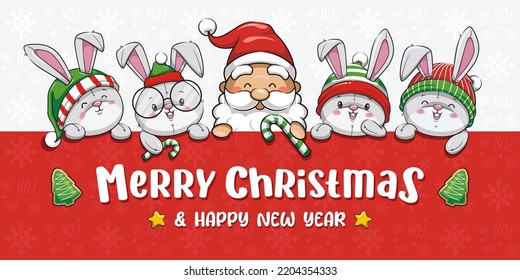 Merry Christmas And Happy New Year With Santa Claus And Bunny Rabbit On Big Signboard, Cute Cartoon Illustration