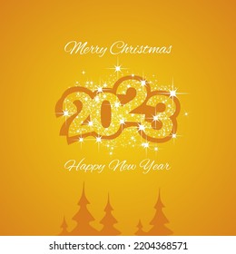 Merry Christmas and Happy New Year 2023 light sparkle firework orange yellow color greeting card design