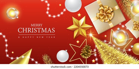 Merry Christmas and happy New Year poster with christmas holiday decorations. Christmas holiday background. Vector illustration