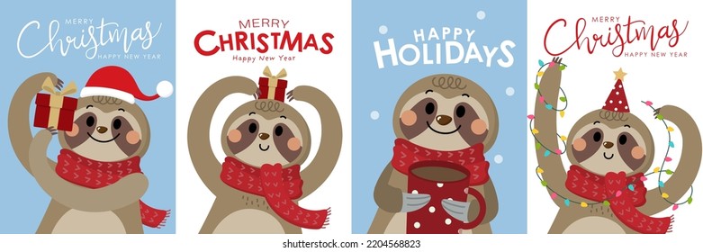 Merry Christmas and happy new year with cute sloth wear red winter scarf. Animal in holidays cartoon character. - Vector