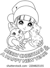 Merry Christmas and Happy New Year greeting card. Coloring book with an anime girl dressed as Santa hugging a kitten and a rabbit and an inscription. Isolated vector illustration on a white background
