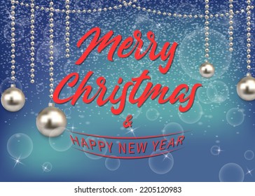 Merry Christmas and Happy New Year greeting card background with silver christmas balls on winter snowfall. Template for festive holiday design. Vector illustration.