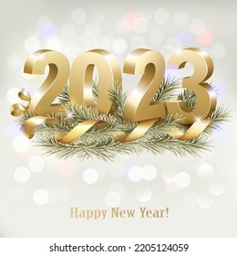 Merry Christmas and Happy New Year 2023. Golden 3D numbers with gold ribbon and branch of christmas tree. Vector