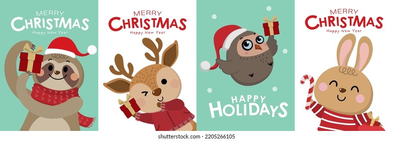 Merry Christmas and happy new year with cute sloth, deer, owl and rabbit. Animal in holidays cartoon character. - Vector