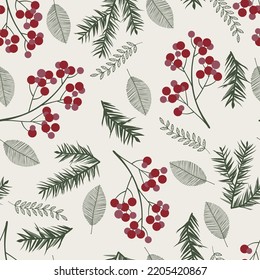 Merry Christmas, Happy New Year seamless pattern with branches, leaves and berries for greeting cards, wrapping papers. Seamless winter pattern. Vector illustration.