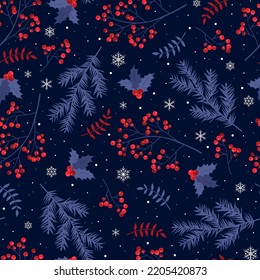 Merry Christmas, Happy New Year seamless pattern with branches, leaves and berries for greeting cards, wrapping papers. Seamless winter pattern. Vector illustration.