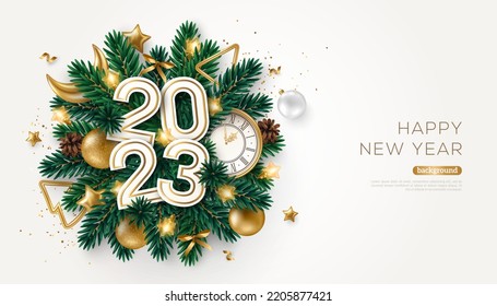 Merry Christmas Happy New Year 2023 Poster. Xmas Fir Tree Branches, Golden Baubles, Moon, Clock on White Background. Vector illustration. Pattern holiday frame template design, promo banner, flyer