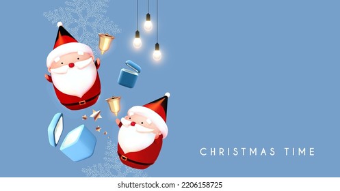 Merry Christmas and Happy New Year soft blue 3D design with cute Santa and gifts.