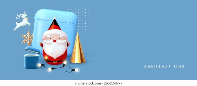 Merry Christmas and Happy New Year soft blue 3D design with cute Santa, snowman, gift boxes, light garland, minimal fir tree and snowflakes