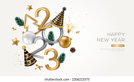 Merry Christmas Happy New Year 2023 Poster. Metal Numbers, Xmas Fir Tree Branches, Golden Baubles, Party Hat, White Background. Vector illustration. Holiday eve greeting design, sale banner, flyer