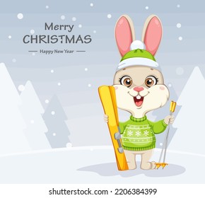 Merry Christmas and Happy New Year greeting card. Cute Rabbit cartoon character. Funny bunny goes skiing