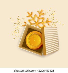 Merry Christmas and Happy New Year illustration. Festive composition with wall clock in the open gift box, golden snowflake and confetti. Top view