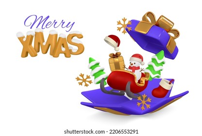 Merry Christmas and Happy New Year background. Realistic 3d open gift box, sleigh, snowman, tree and snowflake. Vector illustration.