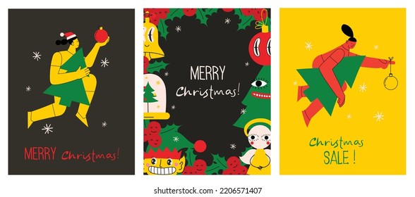 Merry Christmas and Happy New Year 2023. Vector trendy abstract illustrations of holiday card with santa claus, deer, crazy geometric shapes, christmas tree and wreath for poster.