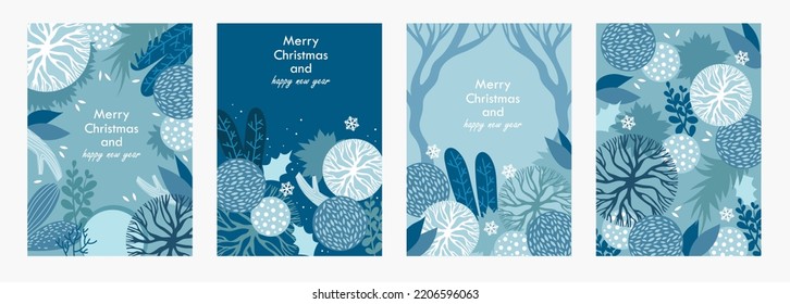 Merry Christmas and Happy New Year. Vector illustrations. Winter forest. Frame and Christmas decoration for postcard. Set of templates for posters, covers, flyers, cards. 