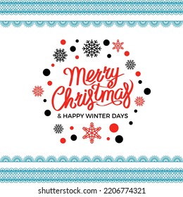 Merry Christmas and Happy New Year festive greetings, calligraphic prints, winter season wishes. Handwritten text on Xmas, lettering in ornament wreath on red. Merry Christmas text