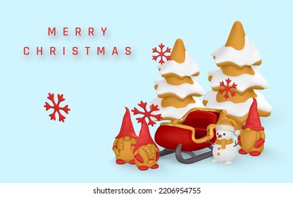 Merry Christmas and Happy New Year background. Realistic 3d open gift box, sleigh, snowman, tree and snowflake. Vector illustration.