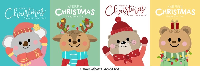 Merry Christmas and happy new year greeting card with cute koala, bear, deer and otter in winter costume. Wildlife animal in xmas holidays. -Vector