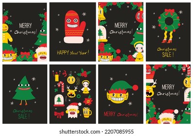 Merry Christmas and Happy New Year 2023. Vector trendy abstract illustrations of holiday card with santa claus, deer, crazy geometric shapes, christmas tree and wreath for poster.