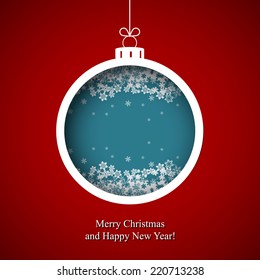 Merry Christmas and Happy New Year with ball ornament. Greeting card background, vector