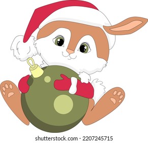 Merry Christmas And Happy New Year With Cute Little Rabbit Santa Claus Red Hat, Christmas Balls. Season's Greeting Card. Vector Cartoon Illustration.