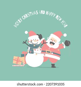 merry christmas and happy new year with cute santa claus and snowman in the winter season, flat vector illustration cartoon character costume design