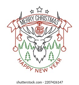 Merry Christmas and Happy New Year stamp, sticker set with elk, forest landscape, hanging christmas ball. Vector. Line art design for xmas, new year emblem in retro style.