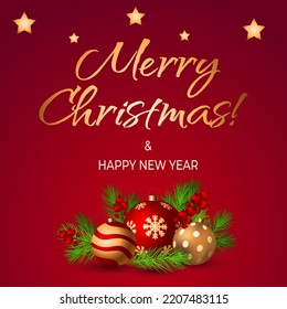 Merry Christmas and Happy New Year red promotional poster or banner design scene with balls and fir tree branch with berries for retail, shopping or christmas promotion. Luxury gold text.