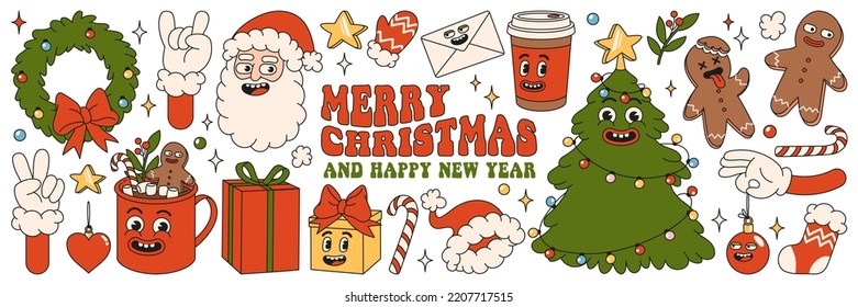 Merry Christmas and Happy New year. Santa Claus, Christmas tree, gifts, cocoa, coffee, gingerbread in trendy retro cartoon style. Sticker pack of cartoon characters and elements. - Shutterstock ID 2207717515