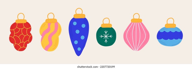 Año Nuevo puso bolas de árbol de Navidad en estilo dibujado a mano con adorno. Iconos aislados, pegatinas, elementos para el diseño de folletos, postales, carteles, invitaciones.