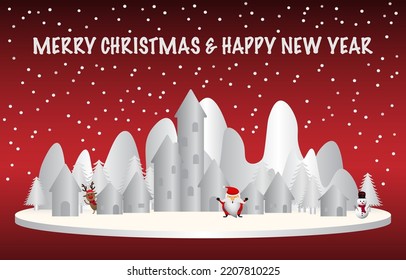 Merry Christmas and Happy New Year. Santa Claus, snowman and reindeer stand on white podium. There are villages, pine trees, snowy mountains, snowing and glowing Christmas text on a red background.