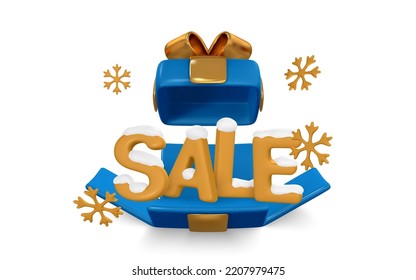Merry Christmas and Happy New Year background. Winter sale. Open blue gift box. Xmas poster. Vector illustration.